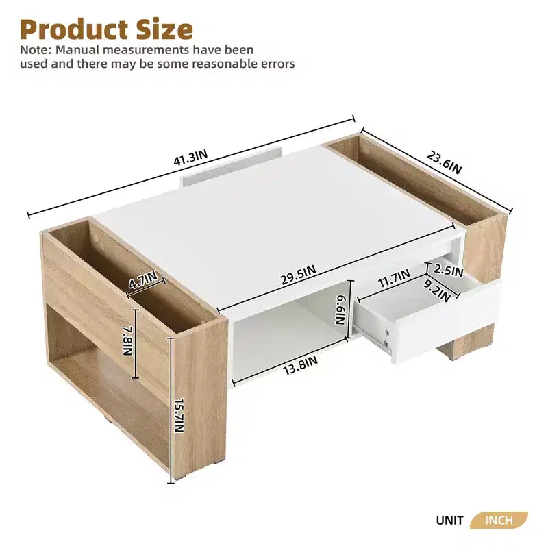 Table basse rectangulaire avec tiroirs de rangement, table centrale bicolore brillante avec compartiments cachés, table d'appoint avec étagère de rangement ouverte