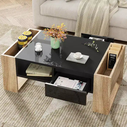 Table basse rectangulaire avec tiroirs de rangement, table centrale bicolore brillante avec compartiments cachés, table d'appoint avec étagère de rangement ouverte
