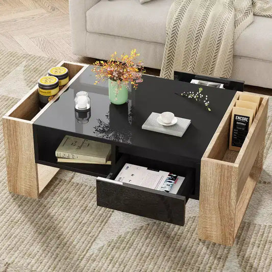 Table basse rectangulaire avec tiroirs de rangement, table centrale bicolore brillante avec compartiments cachés, table d'appoint avec étagère de rangement ouverte