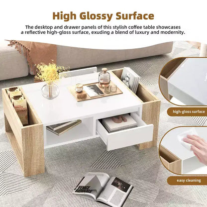 Table basse rectangulaire avec tiroirs de rangement, table centrale bicolore brillante avec compartiments cachés, table d'appoint avec étagère de rangement ouverte
