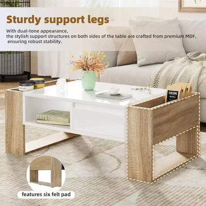 Table basse rectangulaire avec tiroirs de rangement, table centrale bicolore brillante avec compartiments cachés, table d'appoint avec étagère de rangement ouverte