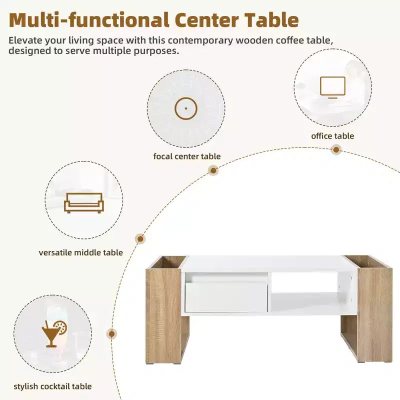 Table basse rectangulaire avec tiroirs de rangement, table centrale bicolore brillante avec compartiments cachés, table d'appoint avec étagère de rangement ouverte