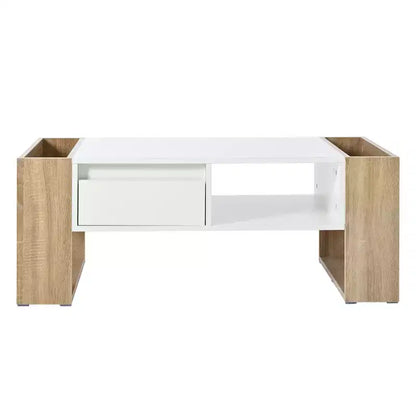 Table basse rectangulaire avec tiroirs de rangement, table centrale bicolore brillante avec compartiments cachés, table d'appoint avec étagère de rangement ouverte