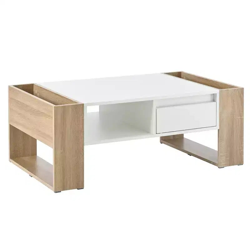 Table basse rectangulaire avec tiroirs de rangement, table centrale bicolore brillante avec compartiments cachés, table d'appoint avec étagère de rangement ouverte