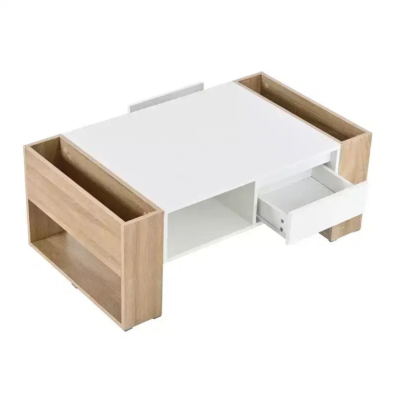 Table basse rectangulaire avec tiroirs de rangement, table centrale bicolore brillante avec compartiments cachés, table d'appoint avec étagère de rangement ouverte