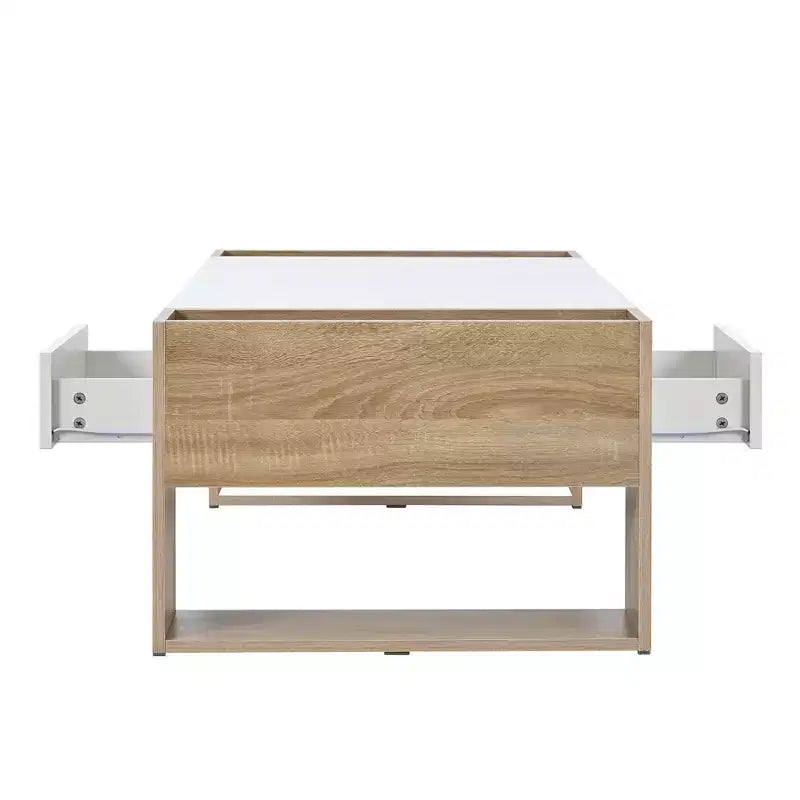 Table basse rectangulaire avec tiroirs de rangement, table centrale bicolore brillante avec compartiments cachés, table d'appoint avec étagère de rangement ouverte