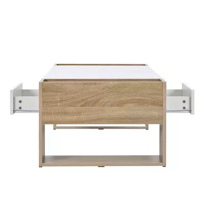 Table basse rectangulaire avec tiroirs de rangement, table centrale bicolore brillante avec compartiments cachés, table d'appoint avec étagère de rangement ouverte