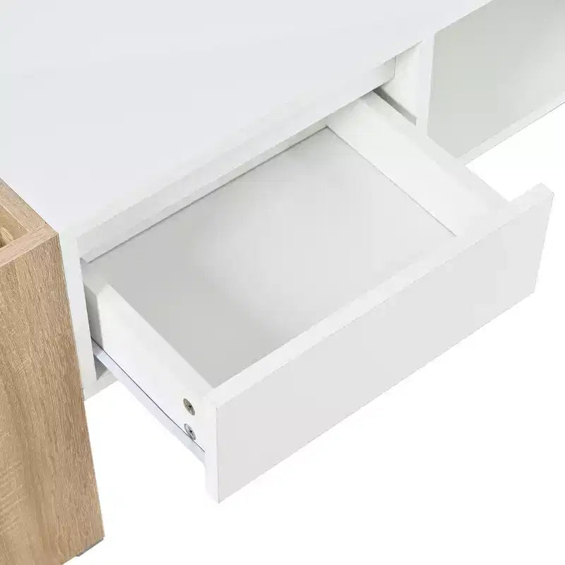 Table basse rectangulaire avec tiroirs de rangement, table centrale bicolore brillante avec compartiments cachés, table d'appoint avec étagère de rangement ouverte