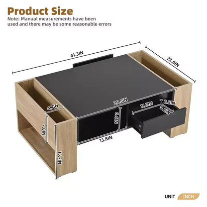 Table basse rectangulaire avec tiroirs de rangement, table centrale bicolore brillante avec compartiments cachés, table d'appoint avec étagère de rangement ouverte