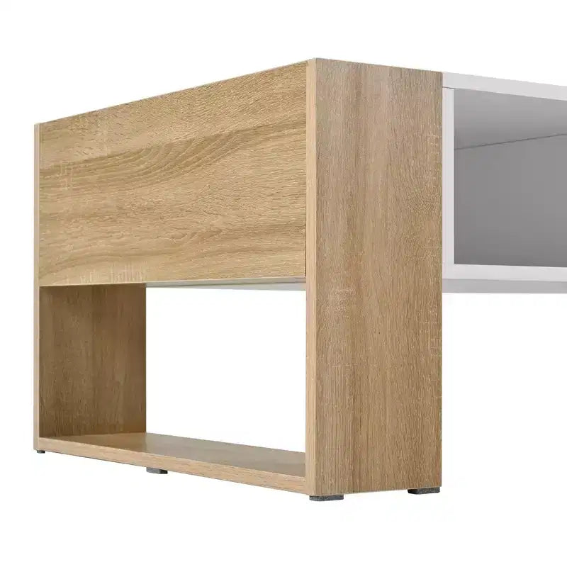 Table basse rectangulaire avec tiroirs de rangement, table centrale bicolore brillante avec compartiments cachés, table d'appoint avec étagère de rangement ouverte