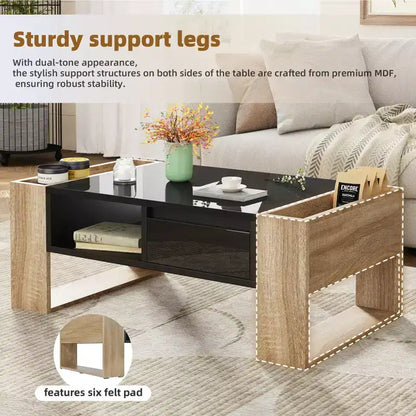 Table basse rectangulaire avec tiroirs de rangement, table centrale bicolore brillante avec compartiments cachés, table d'appoint avec étagère de rangement ouverte