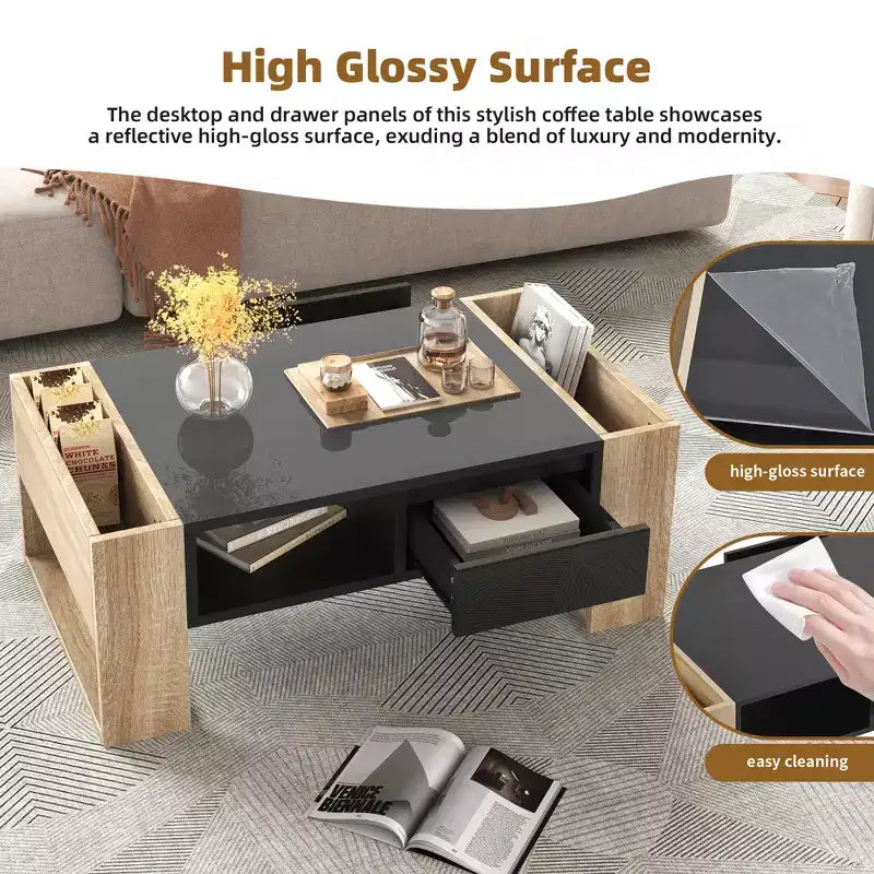 Table basse rectangulaire avec tiroirs de rangement, table centrale bicolore brillante avec compartiments cachés, table d'appoint avec étagère de rangement ouverte