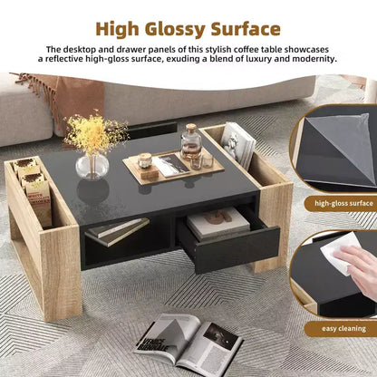Table basse rectangulaire avec tiroirs de rangement, table centrale bicolore brillante avec compartiments cachés, table d'appoint avec étagère de rangement ouverte
