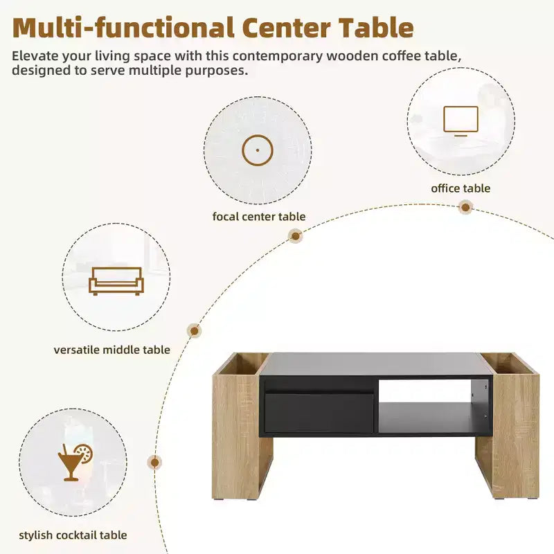 Table basse rectangulaire avec tiroirs de rangement, table centrale bicolore brillante avec compartiments cachés, table d'appoint avec étagère de rangement ouverte