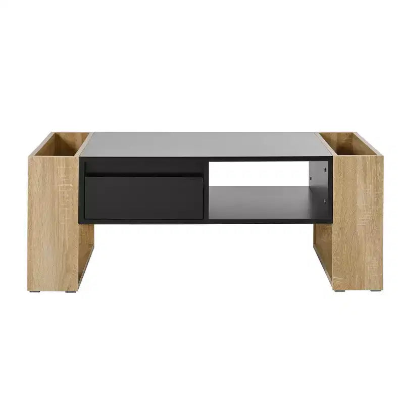 Table basse rectangulaire avec tiroirs de rangement, table centrale bicolore brillante avec compartiments cachés, table d'appoint avec étagère de rangement ouverte