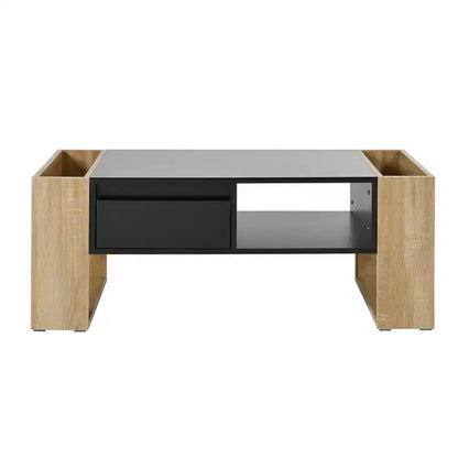 Table basse rectangulaire avec tiroirs de rangement, table centrale bicolore brillante avec compartiments cachés, table d'appoint avec étagère de rangement ouverte