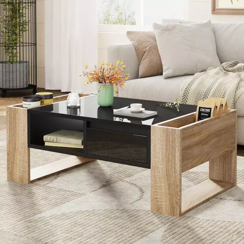 Rectangle Coffee Table with Storage Drawers, High Glossy Two Tone Center Table with Hidden Compartments, End Table with Open Storage Shelf