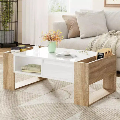 Table basse rectangulaire avec tiroirs de rangement, table centrale bicolore brillante avec compartiments cachés, table d'appoint avec étagère de rangement ouverte