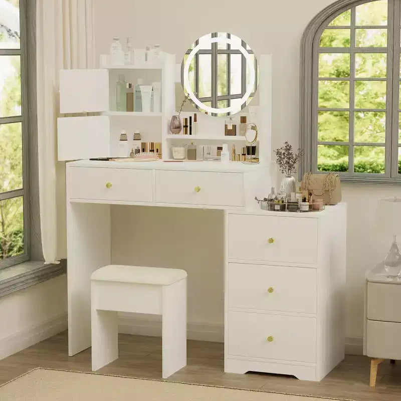 Coiffeuse ronde GDFStudio Carys avec miroir et lumières réglables, 1 chaise rembourrée et plusieurs compartiments de rangement