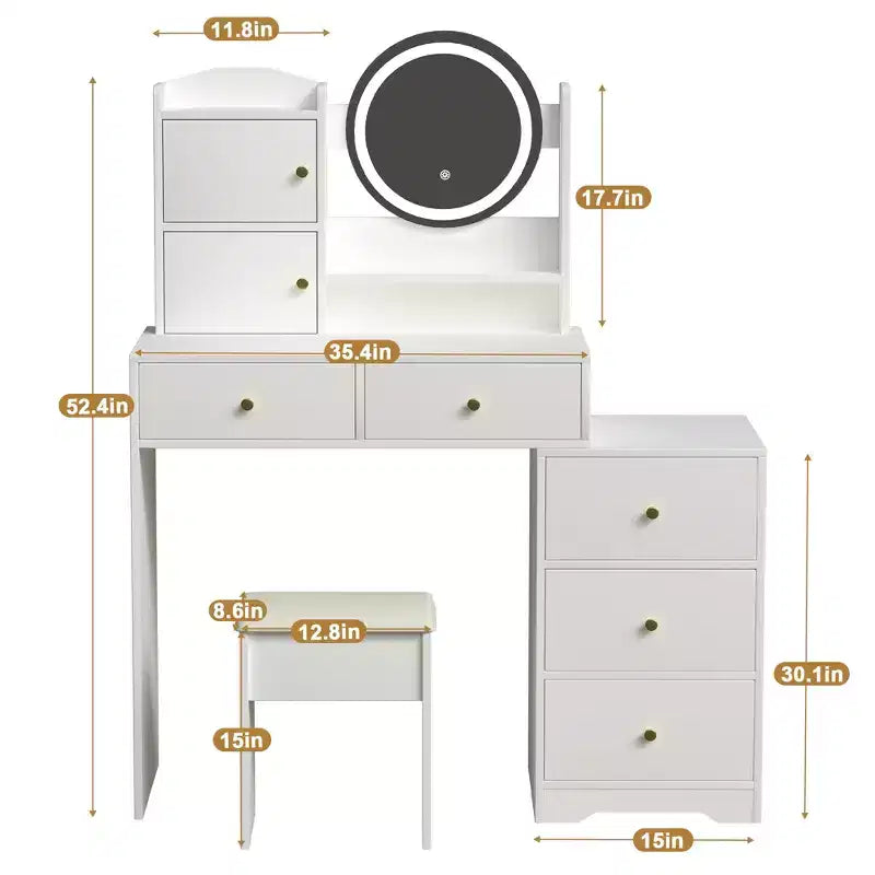 Coiffeuse ronde GDFStudio Carys avec miroir et lumières réglables, 1 chaise rembourrée et plusieurs compartiments de rangement