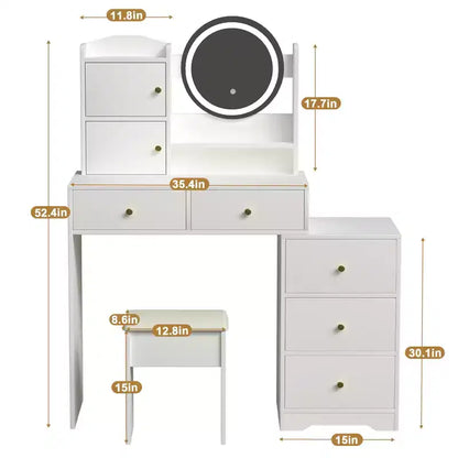 Coiffeuse ronde GDFStudio Carys avec miroir et lumières réglables, 1 chaise rembourrée et plusieurs compartiments de rangement