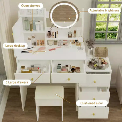 Coiffeuse ronde GDFStudio Carys avec miroir et lumières réglables, 1 chaise rembourrée et plusieurs compartiments de rangement