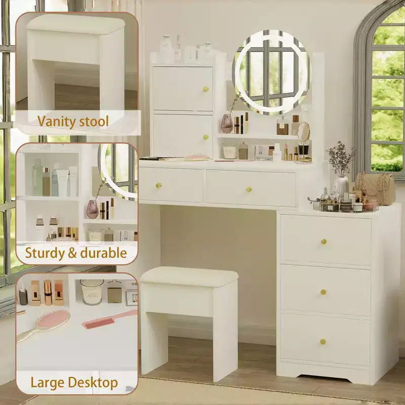 Coiffeuse ronde GDFStudio Carys avec miroir et lumières réglables, 1 chaise rembourrée et plusieurs compartiments de rangement