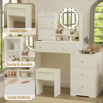 Coiffeuse ronde GDFStudio Carys avec miroir et lumières réglables, 1 chaise rembourrée et plusieurs compartiments de rangement