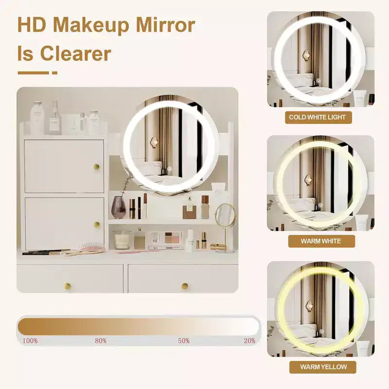 Coiffeuse ronde GDFStudio Carys avec miroir et lumières réglables, 1 chaise rembourrée et plusieurs compartiments de rangement
