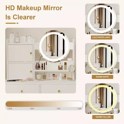 Coiffeuse ronde GDFStudio Carys avec miroir et lumières réglables, 1 chaise rembourrée et plusieurs compartiments de rangement