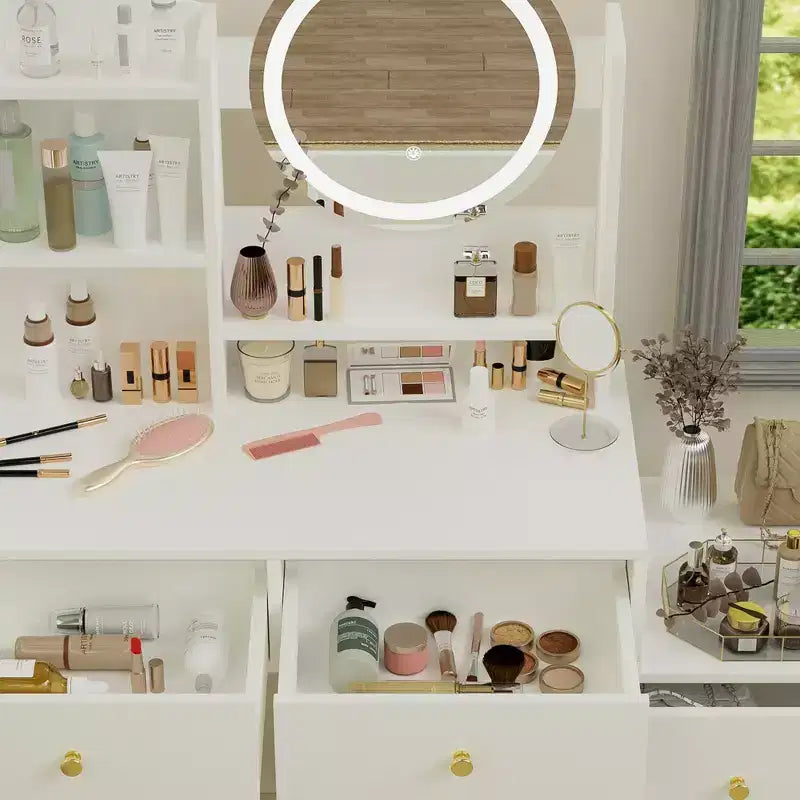 Coiffeuse ronde GDFStudio Carys avec miroir et lumières réglables, 1 chaise rembourrée et plusieurs compartiments de rangement