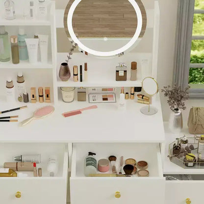 Coiffeuse ronde GDFStudio Carys avec miroir et lumières réglables, 1 chaise rembourrée et plusieurs compartiments de rangement