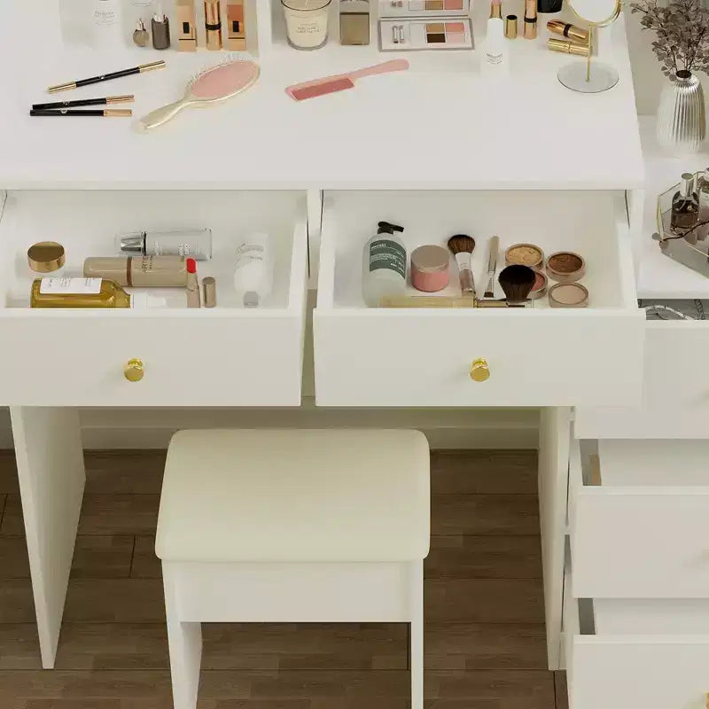 Coiffeuse ronde GDFStudio Carys avec miroir et lumières réglables, 1 chaise rembourrée et plusieurs compartiments de rangement
