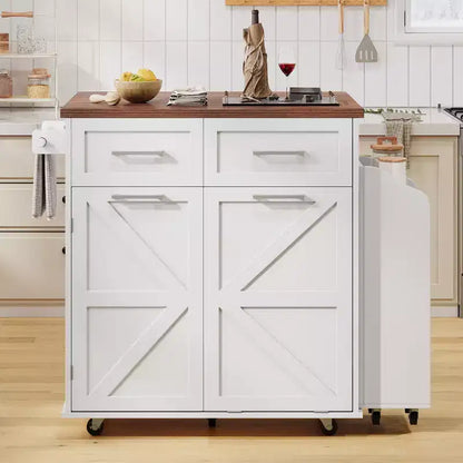 PexFix 47.2 Farmhouse Kitchen Island with Drop Leaf Kitchen Storage Island with Removable Side Racks Two Drawers for Home Kitchen Dining Room White