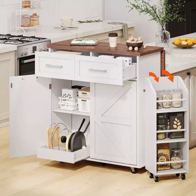 PexFix 47,2 Îlot de cuisine de ferme avec abattant, îlot de rangement de cuisine avec étagères latérales amovibles, deux tiroirs pour cuisine, salle à manger, blanc