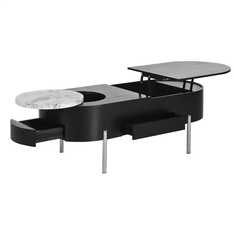 Table Basse Relevable avec Plateau, Table Centrale Ovale avec Rangement, Table de Canapé Moderne en Bois avec Tiroirs pour Salon, 120 cm
