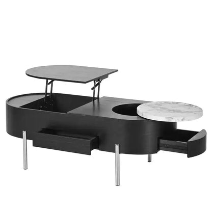 Table Basse Relevable avec Plateau, Table Centrale Ovale avec Rangement, Table de Canapé Moderne en Bois avec Tiroirs pour Salon, 120 cm
