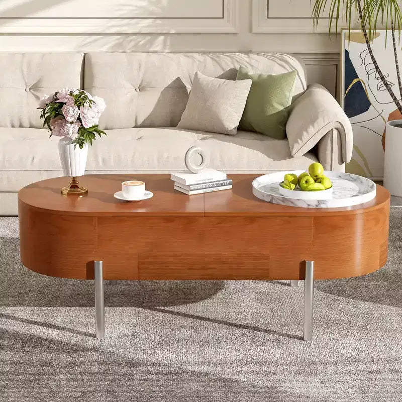 Table Basse Relevable avec Plateau, Table Centrale Ovale avec Rangement, Table de Canapé Moderne en Bois avec Tiroirs pour Salon, 120 cm