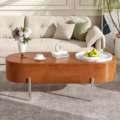 Table Basse Relevable avec Plateau, Table Centrale Ovale avec Rangement, Table de Canapé Moderne en Bois avec Tiroirs pour Salon, 120 cm