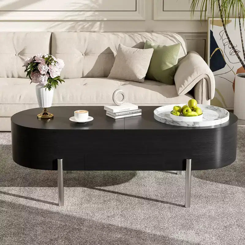 Table Basse Relevable avec Plateau, Table Centrale Ovale avec Rangement, Table de Canapé Moderne en Bois avec Tiroirs pour Salon, 120 cm