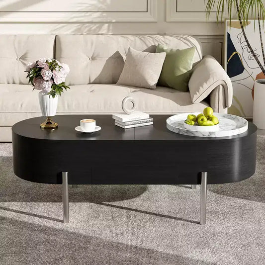 Table Basse Relevable avec Plateau, Table Centrale Ovale avec Rangement, Table de Canapé Moderne en Bois avec Tiroirs pour Salon, 120 cm
