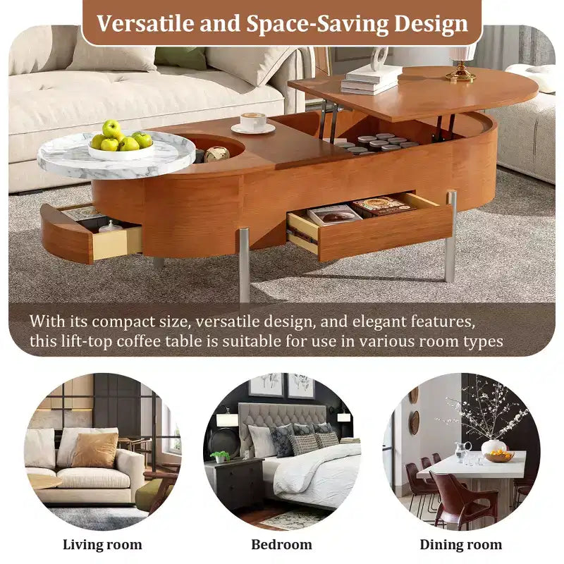 Table Basse Relevable avec Plateau, Table Centrale Ovale avec Rangement, Table de Canapé Moderne en Bois avec Tiroirs pour Salon, 120 cm