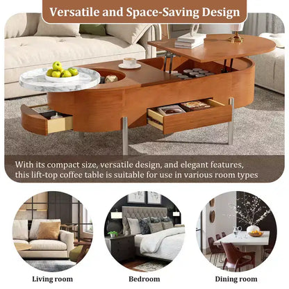 Table Basse Relevable avec Plateau, Table Centrale Ovale avec Rangement, Table de Canapé Moderne en Bois avec Tiroirs pour Salon, 120 cm