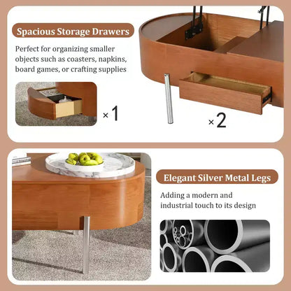 Table Basse Relevable avec Plateau, Table Centrale Ovale avec Rangement, Table de Canapé Moderne en Bois avec Tiroirs pour Salon, 120 cm