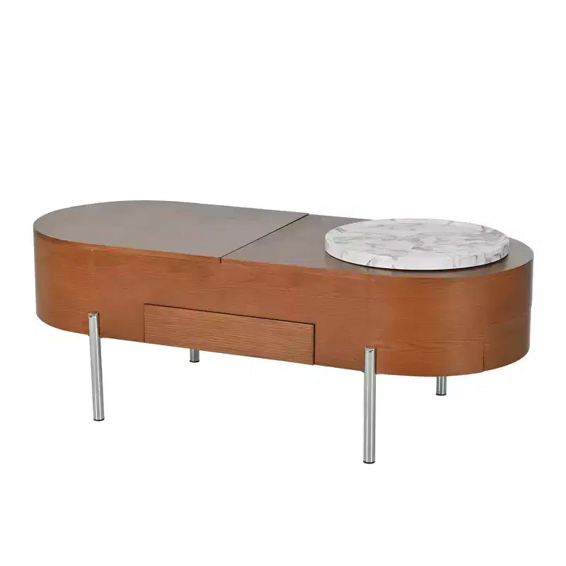 Table Basse Relevable avec Plateau, Table Centrale Ovale avec Rangement, Table de Canapé Moderne en Bois avec Tiroirs pour Salon, 120 cm