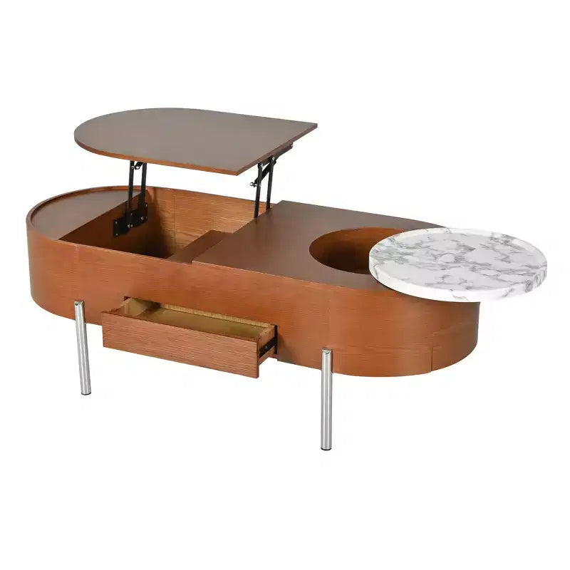 Table Basse Relevable avec Plateau, Table Centrale Ovale avec Rangement, Table de Canapé Moderne en Bois avec Tiroirs pour Salon, 120 cm