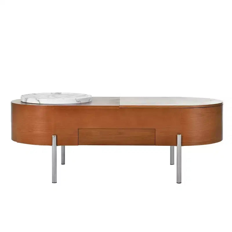 Table Basse Relevable avec Plateau, Table Centrale Ovale avec Rangement, Table de Canapé Moderne en Bois avec Tiroirs pour Salon, 120 cm