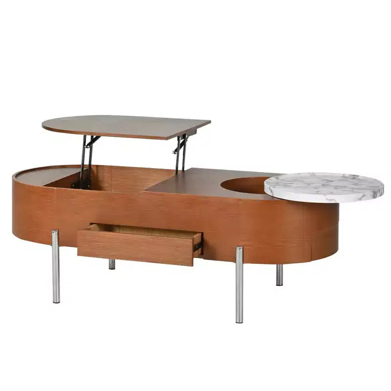 Table Basse Relevable avec Plateau, Table Centrale Ovale avec Rangement, Table de Canapé Moderne en Bois avec Tiroirs pour Salon, 120 cm
