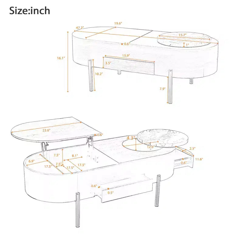 Table Basse Relevable avec Plateau, Table Centrale Ovale avec Rangement, Table de Canapé Moderne en Bois avec Tiroirs pour Salon, 120 cm