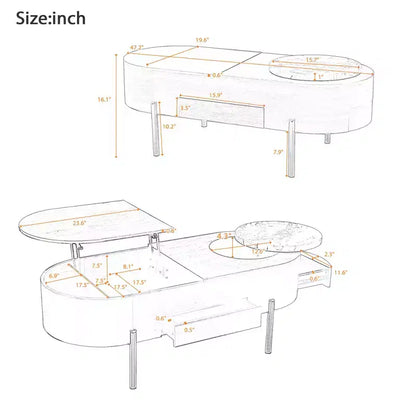 Table Basse Relevable avec Plateau, Table Centrale Ovale avec Rangement, Table de Canapé Moderne en Bois avec Tiroirs pour Salon, 120 cm
